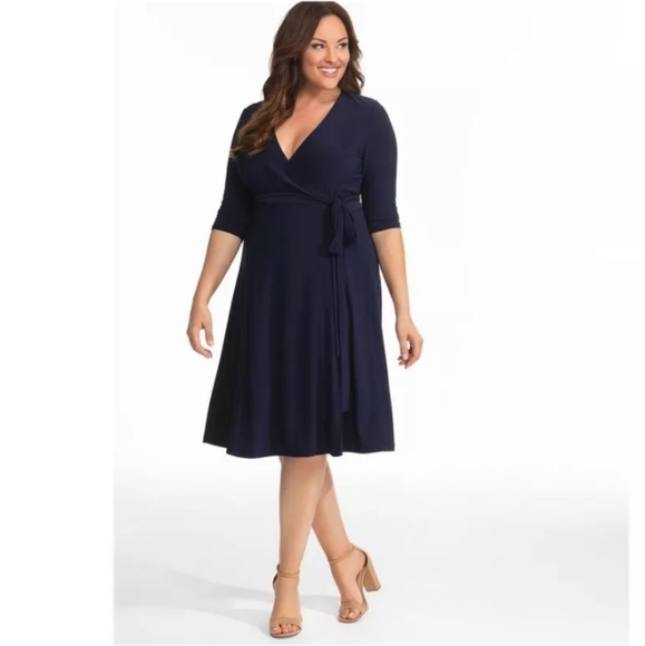 Kiyonna Essentials Wrap Dress 3X Navy Blue Stretch VNeck Tie Elbow Sleeve Midi - Picture 5 of 8